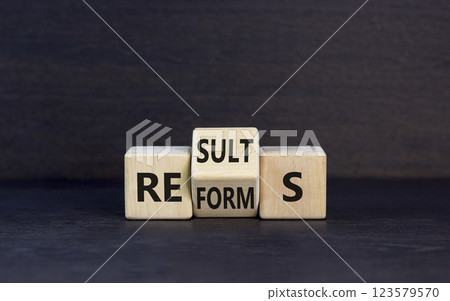 Reform and result symbol. Concept words Reforms Results on beautiful wooden block. Beautiful black table black background. Business Reforms and results concept. Copy space. 123579570