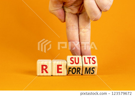 Reform and result symbol. Concept words Reforms Results on beautiful wooden block. Beautiful orange table orange background. Businessman hand. Business Reforms and results concept. Copy space. Reform and result symbol. Concept words Reforms Results on beautiful wooden block. Beautiful orange table orange background. Businessman hand. Business Reforms and results concept. Copy space. 123579672