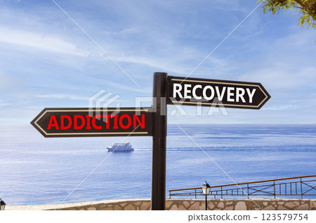 Addiction recovery symbol. Concept words Addiction recovery on beautiful road sign. Beautiful blue sky and clouds background. Psychology addiction recovery concept. Copy space. 123579754