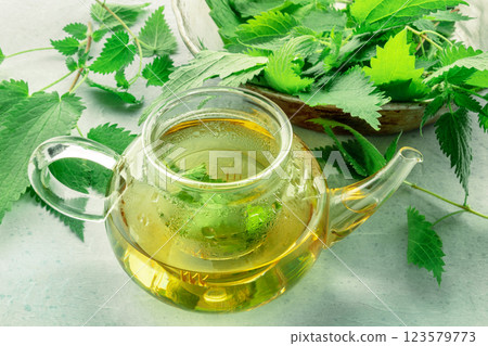 Nettle tea. Medicinal herbal tea with Urtica leaves. Fresh wild herb 123579773