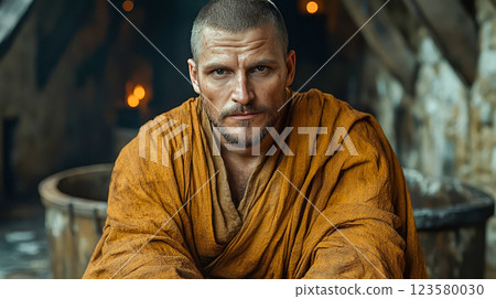 A medieval monk in a simple brown cassock inside a cold monastery cell 123580030