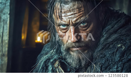 A stark medieval dirty peasant in torn clothes sits in a cold hut A stark medieval dirty peasant in torn clothes sits in a cold hut 123580128