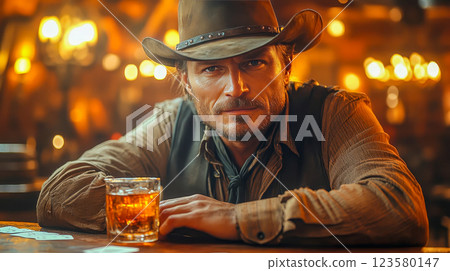 A classic cowboy sits at the bar with a glass of whiskey on the table A classic cowboy sits at the bar with a glass of whiskey on the table 123580147