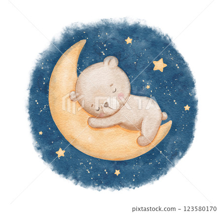 Baby bear sleeping on moon in night sky, watercolor hand draw illustration for kids, painted drawing with isolated background Baby bear sleeping on moon in night sky, watercolor hand draw illustration for kids, painted drawing with isolated background 123580170