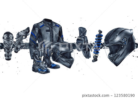Seamless banner motorcycle helmet, gloves, boots, jacket, kneepad. Border moto gear, moto wear, equipment. Watercolor illustration isolated from background. Web design and advertising signboard Seamless banner motorcycle helmet, gloves, boots, jacket, kneepad. Border moto gear, moto wear, equipment. Watercolor illustration isolated from background. Web design and advertising signboard 123580190