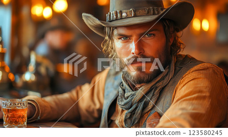 Classic cowboy sitting behind the bar drinking whiskey 123580245