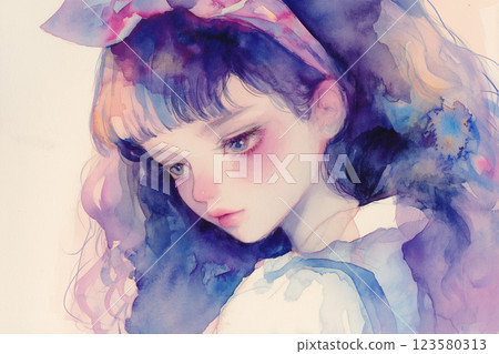 Alice in Wonderland style illustration of a black-haired girl and a fantastic mushroom forest 123580313