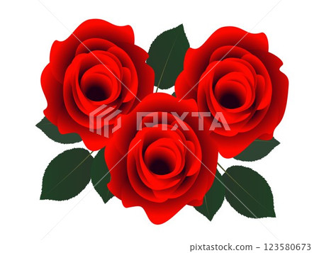 Three red roses on a white background. 123580673