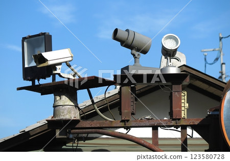Outdoor surveillance camera equipment with spot lighting 123580728