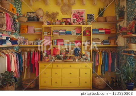 Boutique-style wardrobe with a yellow dresser and neatly arranged colorful clothes, accessories, and decor 123580808