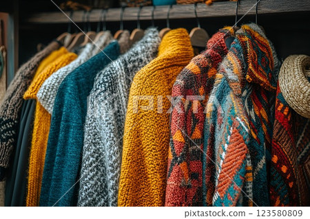Knitted sweaters in earthy tones hanging neatly in a wooden wardrobe, evoking a cozy autumn feel 123580809