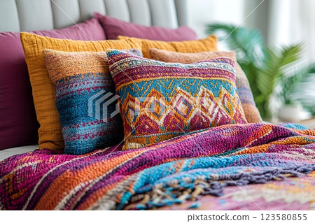 Decorative pillows with bohemian patterns on a cozy bed, creating a warm and stylish bedroom ambiance Decorative pillows with bohemian patterns on a cozy bed, creating a warm and stylish bedroom ambiance 123580855