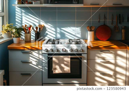 Compact kitchen with a gas stove, wooden countertop, and natural light casting striped shadows, creating a warm space Compact kitchen with a gas stove, wooden countertop, and natural light casting striped shadows, creating a warm space 123580943