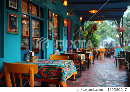 Outdoor cafe with colorful tables and chairs, a vibrant cozy ambiance, and a charming rustic design Outdoor cafe with colorful tables and chairs, a vibrant cozy ambiance, and a charming rustic design 123580947