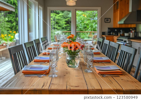 Rustic dining table set with flowers and glassware in a cozy kitchen 123580949