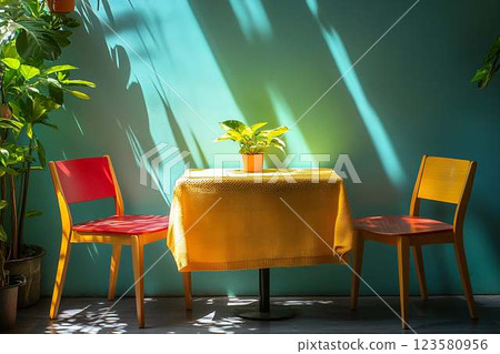 Small cozy dining space with a table covered with a yellow cloth, two chairs, and lush green plants 123580956