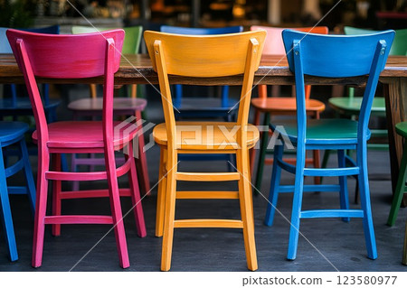 Colorful wooden chairs in a modern outdoor cafe 123580977