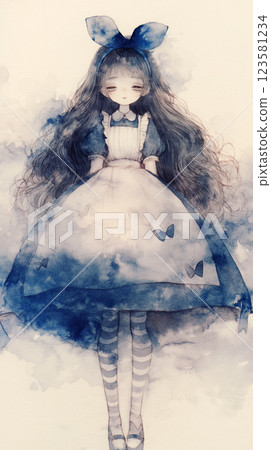 一幅美麗的插圖，描繪了一個迷人的黑髮女孩，讓人想起愛麗絲 123581234