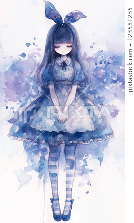 一幅現代愛麗絲風格插畫，描繪了一個黑髮女孩和清晰的藍色背景 123581235