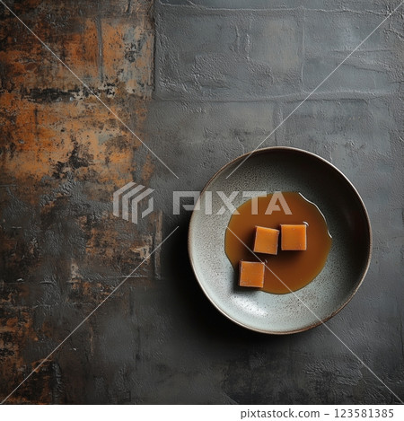 Minimalism background with caramel on a plate 123581385