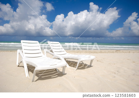 sunbeds and costline  at tropical beach 123581603