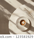 Minimalism background with hot latte in a cup 123581929