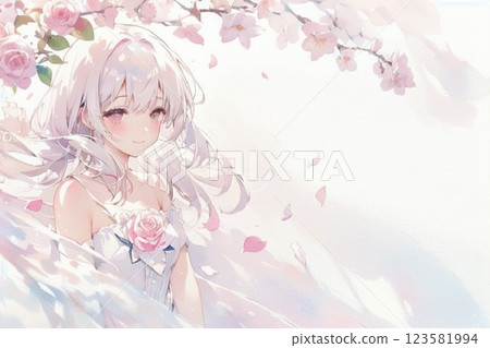 Rose flower and girl in white dress watercolor style 123581994