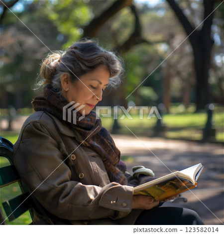 mature woman sitting on the bench and reading book in park . High quality photo mature woman sitting on the bench and reading book in park . High quality photo 123582014