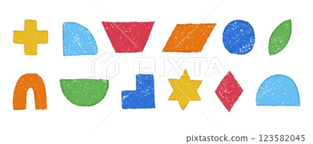 Set of colorful geometric figures hand drawn with crayon. Colored pencil or charcoal textured simple elements with strokes. Vector illustration isolated on a white background 123582045