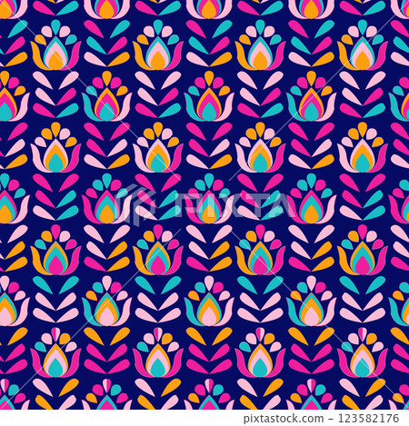 Retro seamless pattern with floral elements in scandinavian style. Geometric stylized flowers, 60s, 70s. surface design, fabric, paper, stationery. 123582176