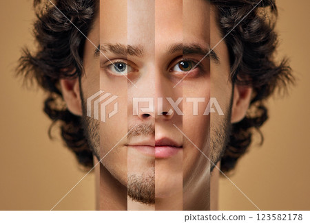 Collage. Mosaic of different male faces merging distinct characteristics into one cohesive portrait against warm background. Collage. Mosaic of different male faces merging distinct characteristics into one cohesive portrait against warm background. 123582178