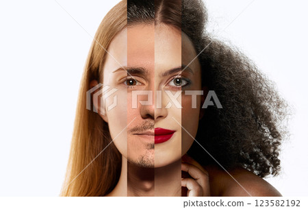 Collage. Harmonious blend of male and female faces combining distinct facial features into one balanced expression against neutral background. 123582192