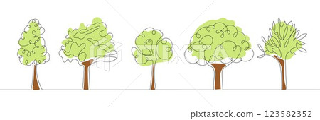 Minimalist continuous one line drawing of green trees on a white background. Perfect for garden decoration, park design, and forest illustrations. 123582352