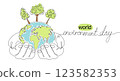 Minimalist continuous one line drawing of a hand holding the Earth with trees, symbolizing World Environment Day, 123582353