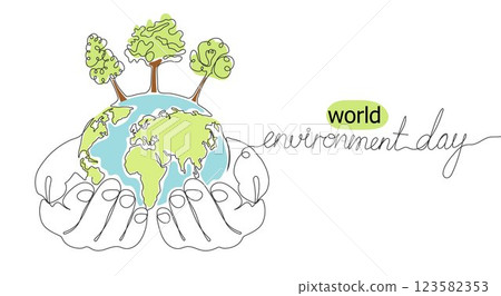 Minimalist continuous one line drawing of a hand holding the Earth with trees, symbolizing World Environment Day, 123582353