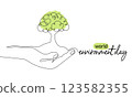 Minimalist continuous one line drawing of a hand holding the Earth with a tree, representing World Environment Day, 123582355