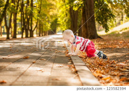 One-year-old little boy exploring the world in an autumn forest One-year-old little boy exploring the world in an autumn forest 123582394