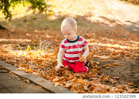 One-year-old baby playing with natural materials leaves and twigs in a warm autumn forest One-year-old baby playing with natural materials leaves and twigs in a warm autumn forest 123582399
