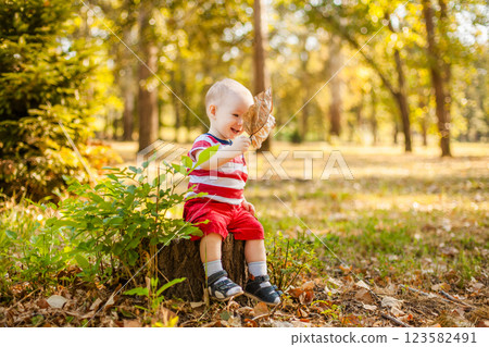 Little boy under one year old sitting on a tree stump in the park playing with a dry twig 123582491