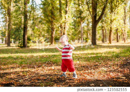 One-year-old little boy exploring the world in an autumn forest One-year-old little boy exploring the world in an autumn forest 123582555