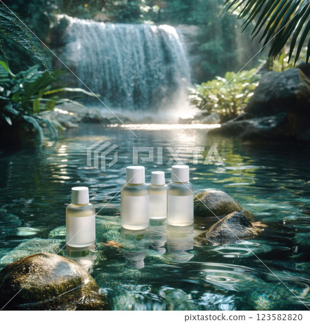 Spa shampoos on a rock with a waterfall as a backdrop 123582820