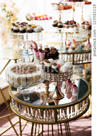 Delicious desserts decorating elegant candy bar table for wedding reception Delicious desserts decorating elegant candy bar table for wedding reception 123583119
