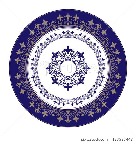 Decorative round frame arabesque. Blue gold plate with lace design. Vintage, ethnic vector frame with arabesques. Pattern frame for round surfaces, household utensils, textiles, porcelain, embroidery. 123583448