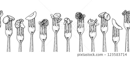 Seamless hand drawn food and fork border pattern in black and white, perfect for menus, banners, and kitchen designs. Vintage style vector line art illustration. With an isolated background Seamless hand drawn food and fork border pattern in black and white, perfect for menus, banners, and kitchen designs. Vintage style vector line art illustration. With an isolated background 123583714