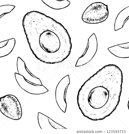 Seamless hand drawn avocado pattern in black and white, perfect for textiles, wrapping paper, and kitchen decor. Vintage style vector illustration with detailed line art. With an isolated backgrounds Seamless hand drawn avocado pattern in black and white, perfect for textiles, wrapping paper, and kitchen decor. Vintage style vector illustration with detailed line art. With an isolated backgrounds 123583715