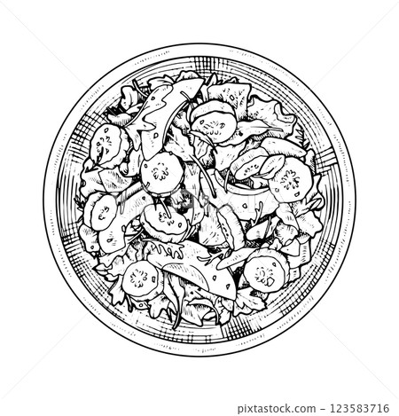 Hand drawn vector illustration of a fresh salad bowl in black and white. Top view sketch featuring mixed greens, cucumbers, tomatoes, and avocado. Perfect for healthy eating and organic food designs 123583716