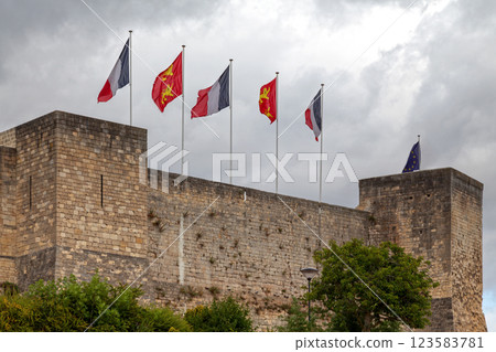 The flags of France, Normandy and European Union at the castle of Caen The flags of France, Normandy and European Union at the castle of Caen 123583781