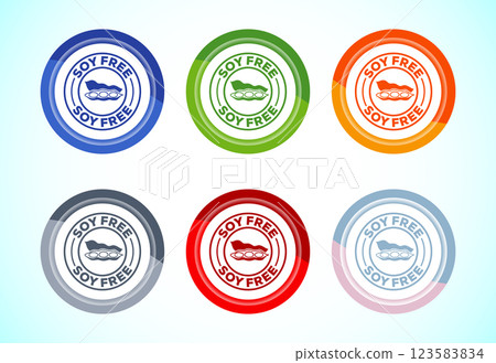 Soy or soya free icon design illustration. Soy allergen free product food sign, 6 color button design set Soy or soya free icon design illustration. Soy allergen free product food sign, 6 color button design set 123583834