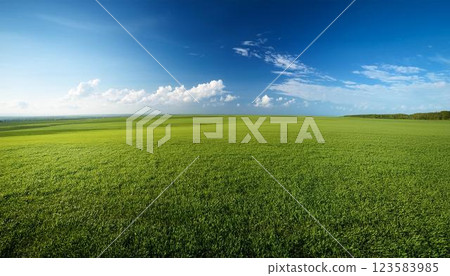 [Background material] Beautiful green grassland and blue sky scenery 123583985
