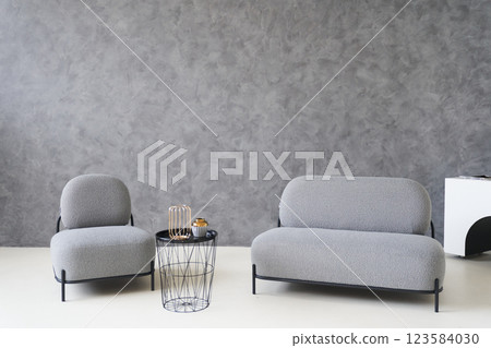 A modern living room with grey walls and soft grey furniture. Free space for your design. High quality photo 123584030
